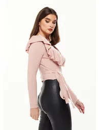 Women's Cardigan in Pink with Frill Sleeves, Wrap Design - 2