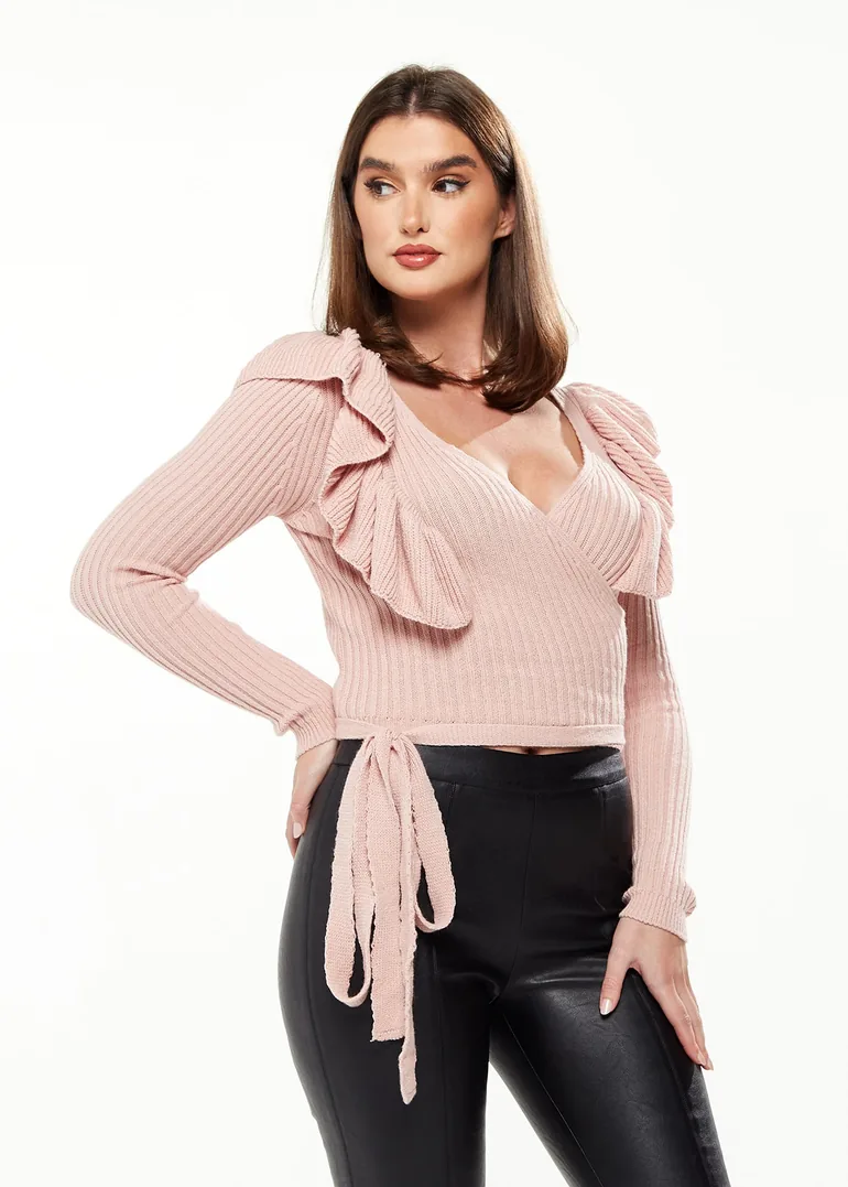 Women's Cardigan in Pink with Frill Sleeves, Wrap Design - 1