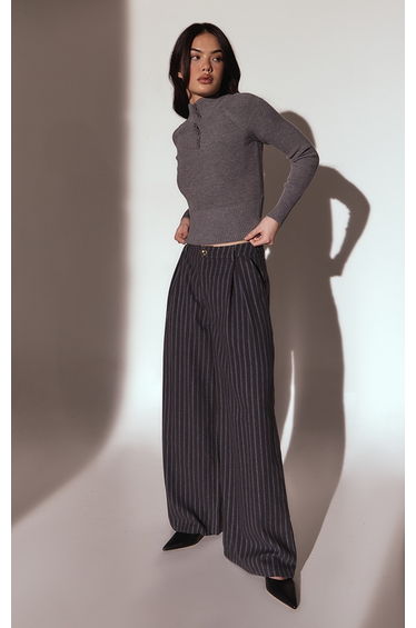 Grey Ribbed Knit Cinched Waist Polo