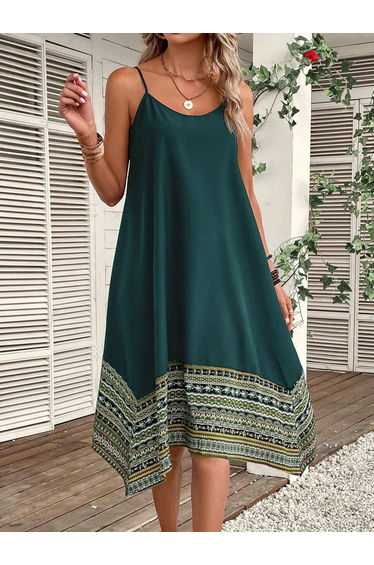 Women Green Printed Hem Strappy Knee-Length Dress