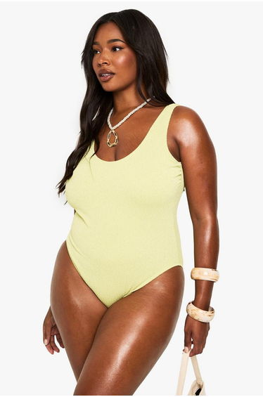 Plus Swimwear Essentials Crinkle Scoop Neck Swimsuit - olive