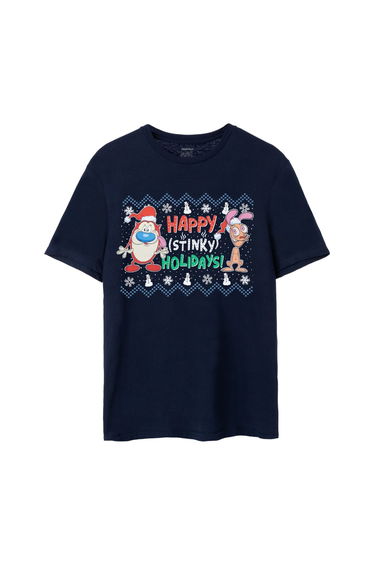 Ren & Stimpy Mens Happy Stinky Holidays T-Shirt - Navy