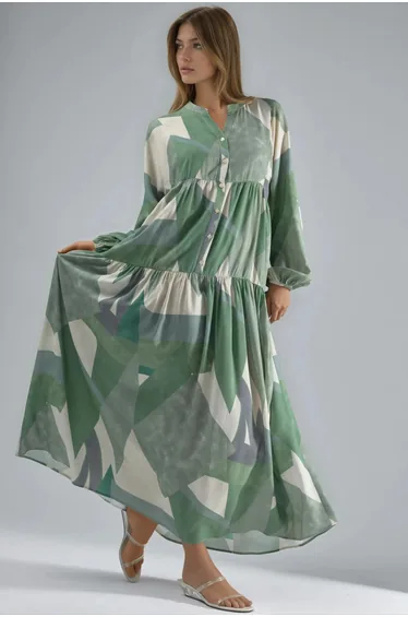 Printed Long Sleeve Viscose Maxi Dress