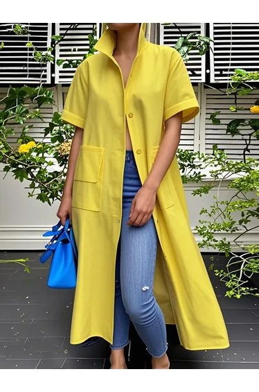 Loose Short Sleeves Buttoned Pockets Solid Color Stand Collar Blouse Outerwear Midi Dress