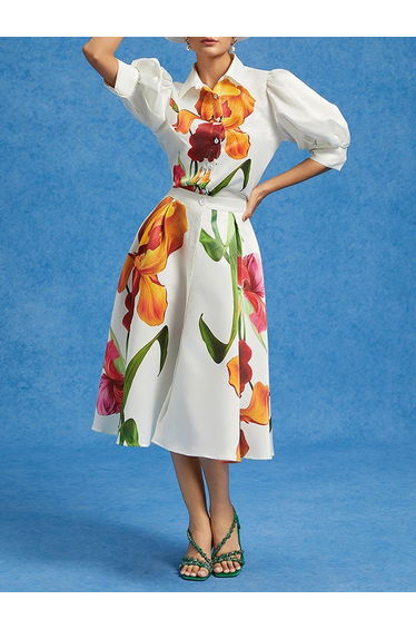 Loose Puff Sleeves Floral Printed Pleated Split-Joint Lapel Blouses&Shirts Tops