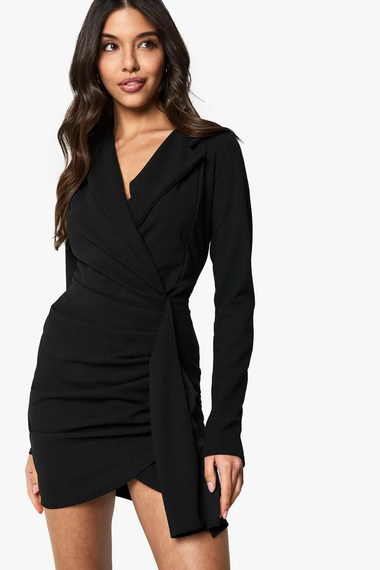 Ruched Drape Long Sleeve Blazer Dress - black - 1