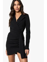 Ruched Drape Long Sleeve Blazer Dress - black - 1