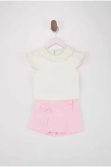Pink Cotton Pcs Basic Ruffle Detail Shorts Skirted Plain Girls' Knitted Top and Bottom Set