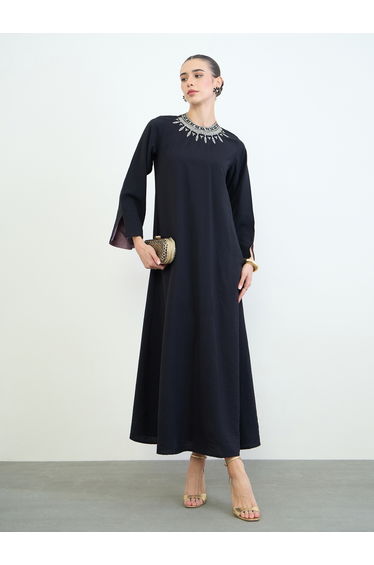Navy Blue Sequined Embroidery Yoke Jalabiya