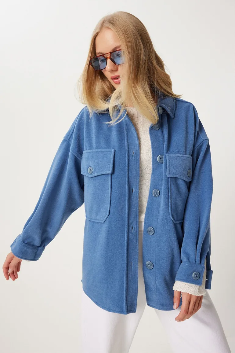 Women's Indigo Blue Pocket Cashmere Shirt Jacket - 2