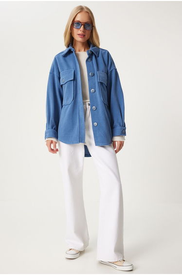 Women's Indigo Blue Pocket Cashmere Shirt Jacket