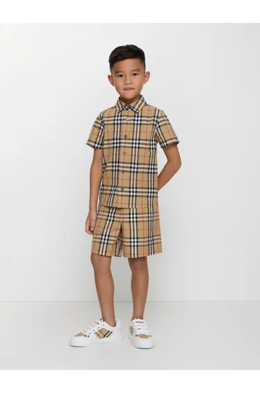 Burberry Boys Owen Short Sleeve Check Shirt in Beige