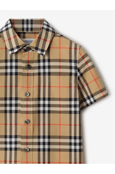 Burberry Boys Owen Short Sleeve Check Shirt in Beige