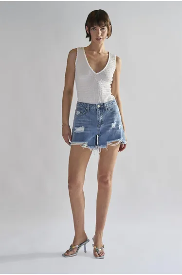 Authentic Mid Blue Ripped Denim Shorts