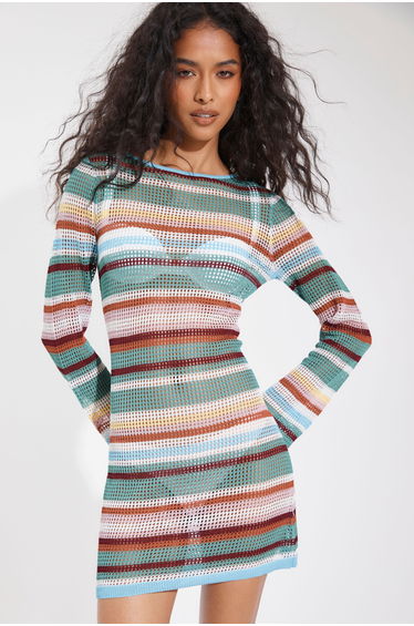 Beach Crochet Stripe Knit Mini Dress - multi