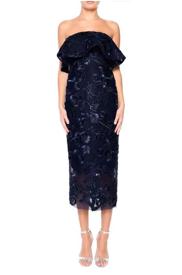 Coraline Navy 3D Embroidery 3D Floral Embroidery Bandeau Mini Dress