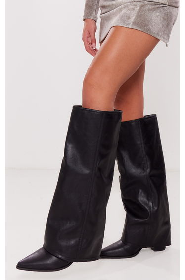 Black Wide Fit Pu Fold Over Knee High Block Heeled Western Boots