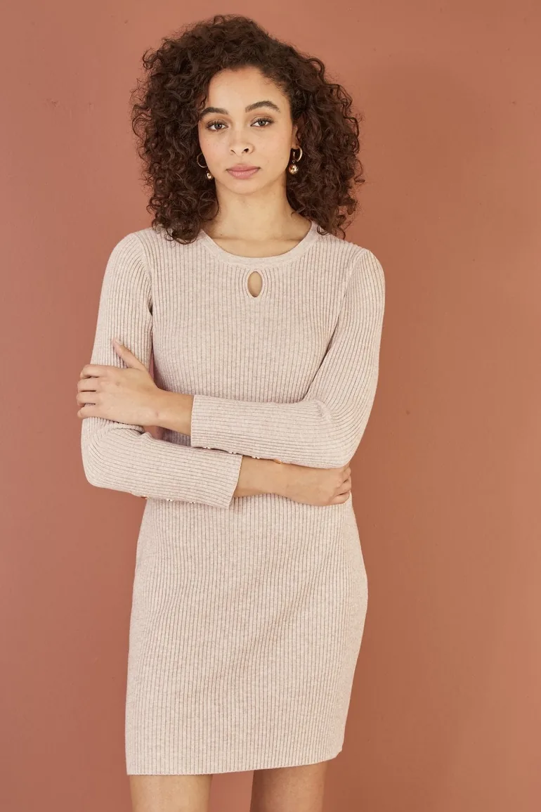 Shop Yumi Oatmeal Rib Knit Tunic Dress With Button Cuffs And Cut Out Detail Online in Bahrain Shop Yumi Oatmeal Rib Knit Tunic Dress With Button Cuffs And Cut Out Detail Online in Bahrain