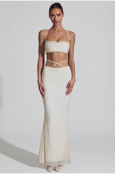 Embellished Cross Back Crop Top in White