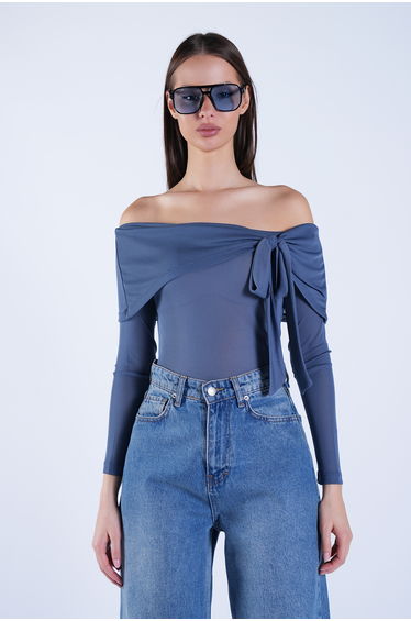 Women's Indigo Carmen Collar Tie Detailed Transparent Blouse