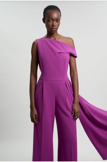 Compact Stretch Asymmetric Neck Wide Leg Jumpsuit