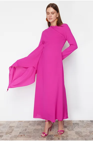 Fuchsia Shawl Detailed Evening Dress
