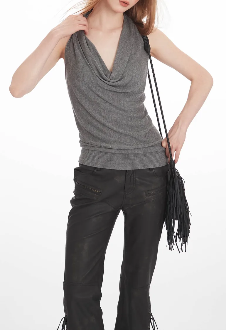 Draped Neck Braided Open Back Knit Sleeveless Top in Grey for Party Nights & Beach Getaways