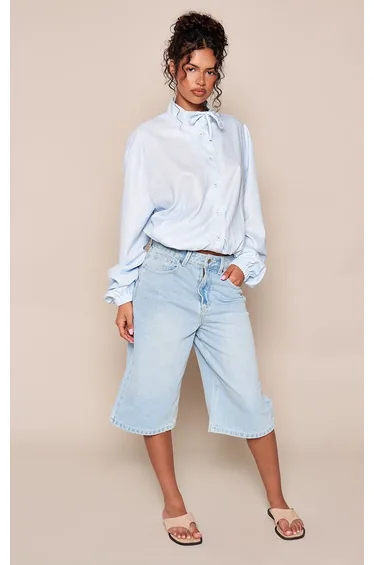 Blue Stripe Funnel Neck Tie Detail Long Sleeve Shirt