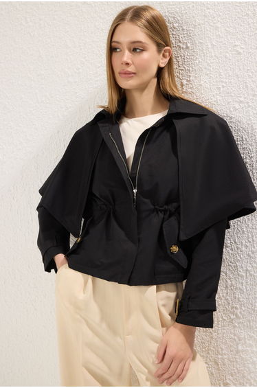 Black Removable Piece Detailed Regular Short Trench Coat with Elastic Waist