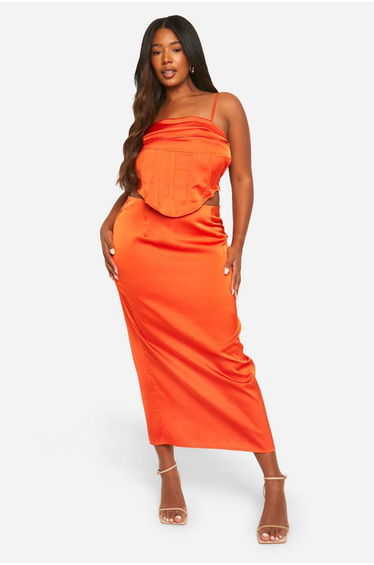Plus Drape Front Satin Corset Top - burnt orange
