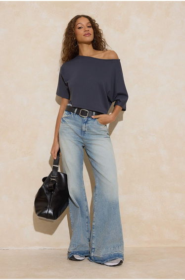 Anthracite Relaxed Boat Neck Batwing Sleeve Three Quarter Crop Soft Touch Knitted Blouse