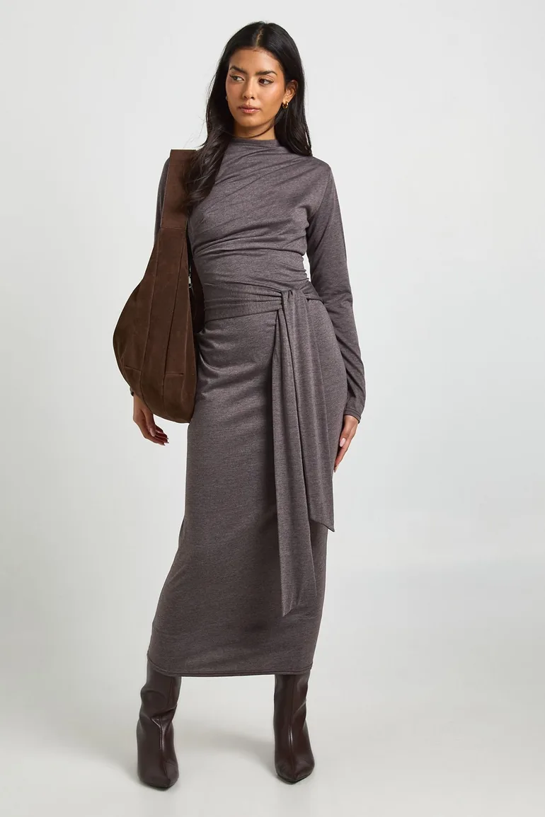 Marl Long Sleeve Tie Waist Midaxi Dress - 2
