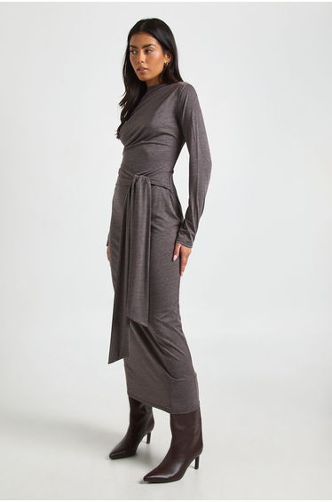 Marl Long Sleeve Tie Waist Midaxi Dress