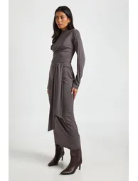 Marl Long Sleeve Tie Waist Midaxi Dress
