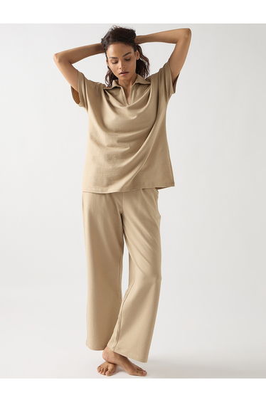 Beige Cotton Short Sleeve Knit T-Shirt
