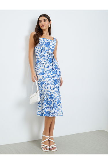 Women Blue Floral Print Strappy A-Line Midi Dress