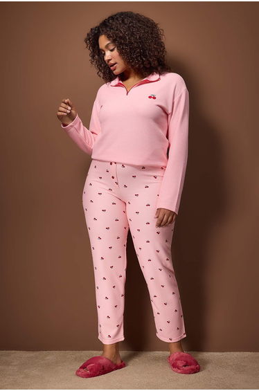 Pink printed zipper waffle knit pajama set
