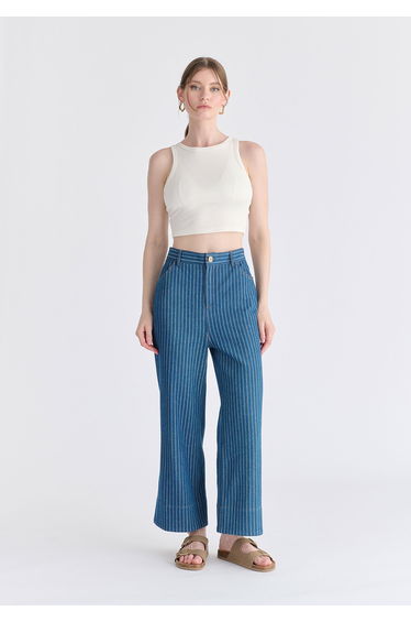 Wide Leg Denim Trousers in Stripes