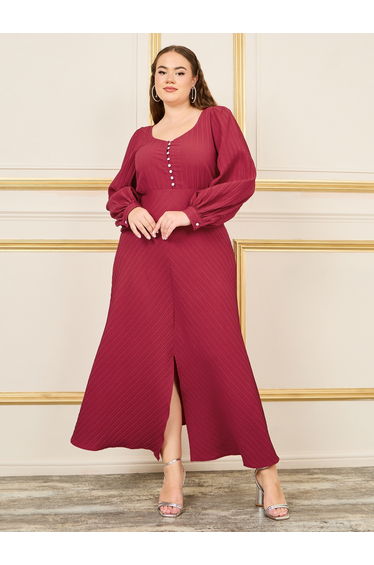 Plus Textured Button Closure A-Line Maxi Dress