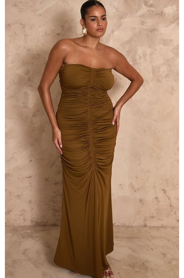 PLT Label Plus Golden Olive Slinky Ruched Bandeau Fishtail Maxi Dress