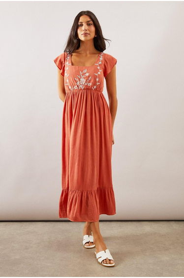 Embroidered Frill Sleeve Square Neck Dress