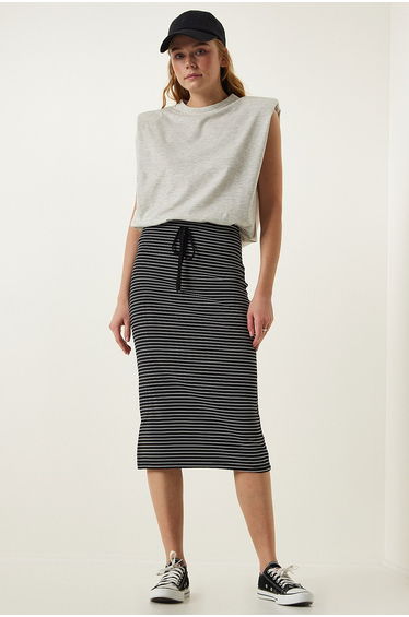 WOMEN'S BLACK STRIPED SLIT WRAP KNITTED SKIRT