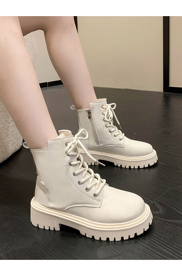 White Solid Lace-Up Ankle Boots