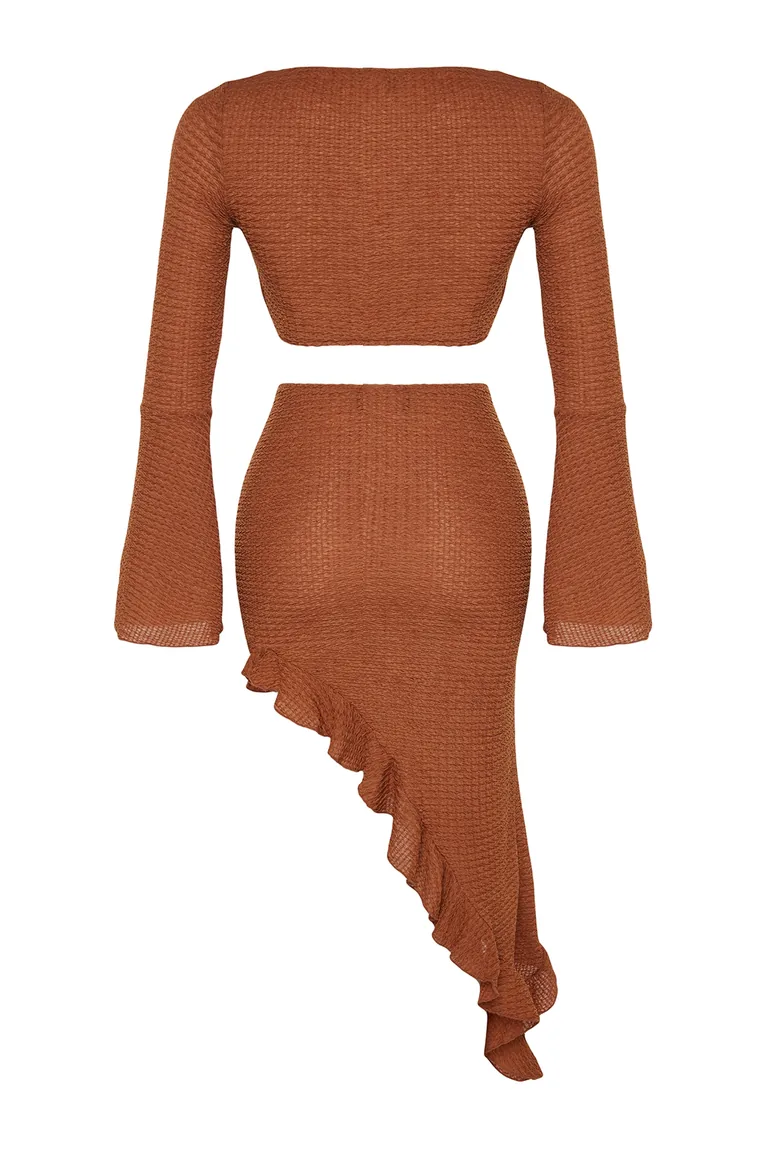 Brown Fitted Woven Tied Blouse Skirt Set - 3