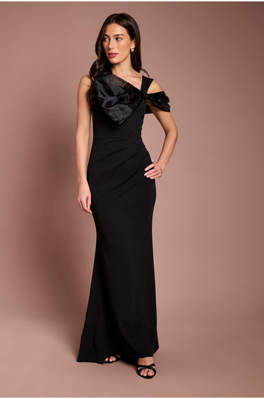 Organza Bow One Shoulder Scuba Crepe Maxi Dress