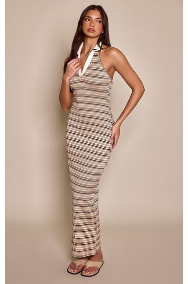 Neutral Stripe Collar Detail Sleeveless Maxi Dress