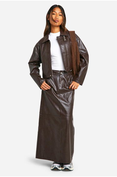 Faux Leather Maxi Skirt - burgundy