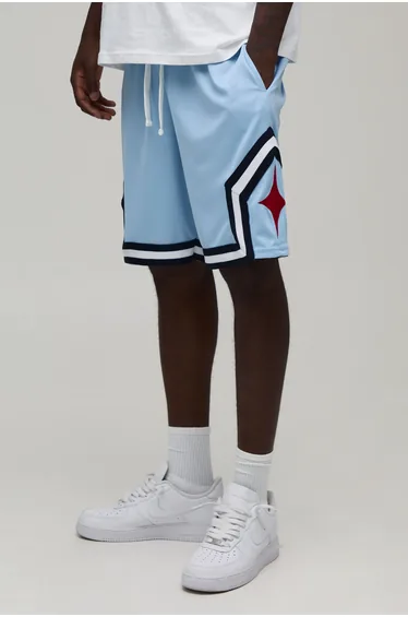 Mid Length Mesh Tape Detail Basketball Shorts - pastel blue
