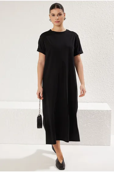 Black 100% Cotton Crew Neck Short Sleeve Midi Knitted T-shirt Dress