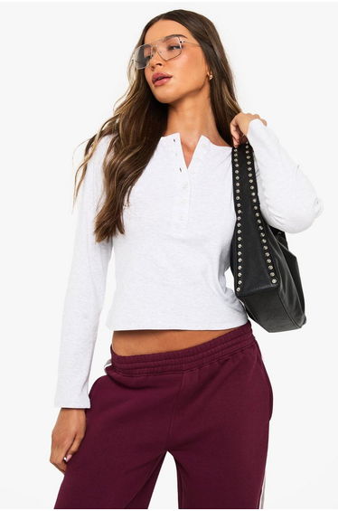 Cotton Henley Button Front Long Sleeve Top - ash grey